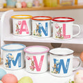 Taza esmaltada personalizada multicolor con conejo de acuarela de 12 oz con nombre e inicial Regalo de Pascua de uso diario para niños niñas