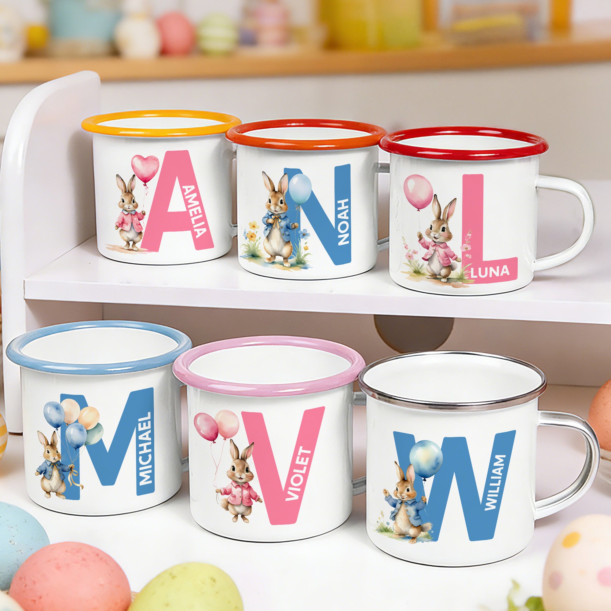 Taza esmaltada personalizada multicolor con conejo de acuarela de 12 oz con nombre e inicial Regalo de Pascua de uso diario para niños niñas