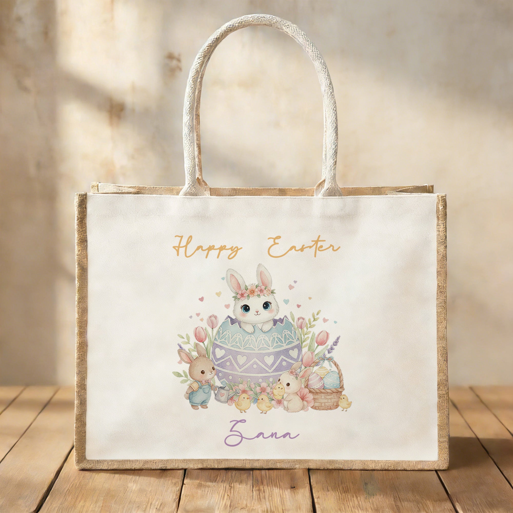 Conejito de Pascua personalizado Bolsa de yute grande con nombre Fiesta de caza del huevo de Pascua Regalo para niños Niñas