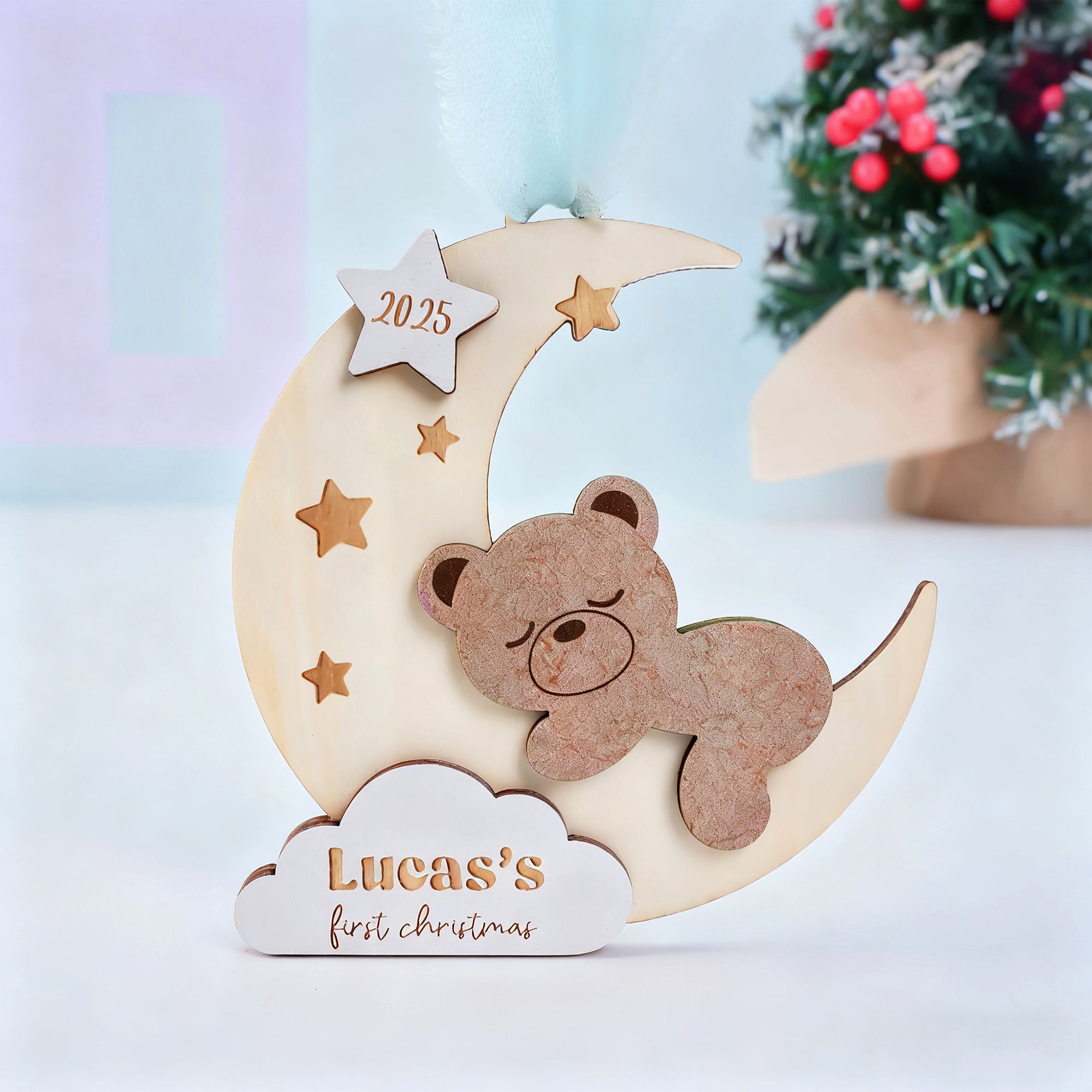 Oso de madera personalizado Primer adorno navideño del bebé con nombre y año Decoración infantil Regalo de Navidad para bebé Niño Niña