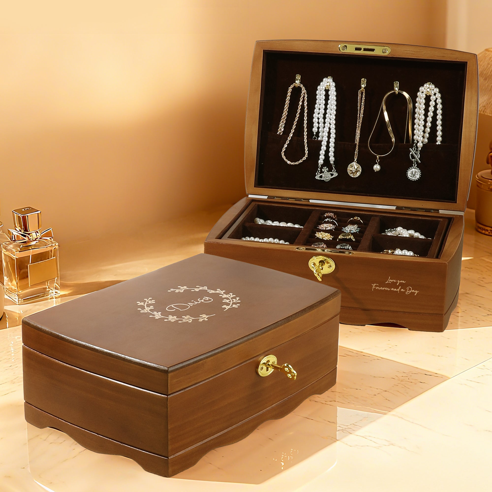 Personalizado Multi-compartimiento Retro Flor Nombre grabado Inicial Joyero de madera con cerradura Cumpleaños Día de San Valentín Regalo de boda para las mujeres