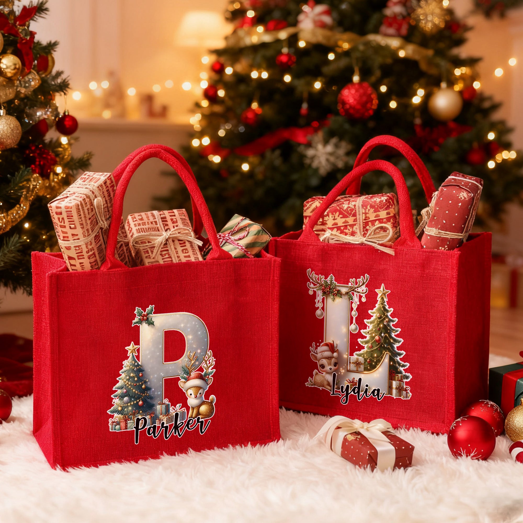 Árbol de Navidad personalizado Alce Gran capacidad Bolsa de yute roja con inicial y nombre Fiesta de Navidad Regalo para niños Adultos