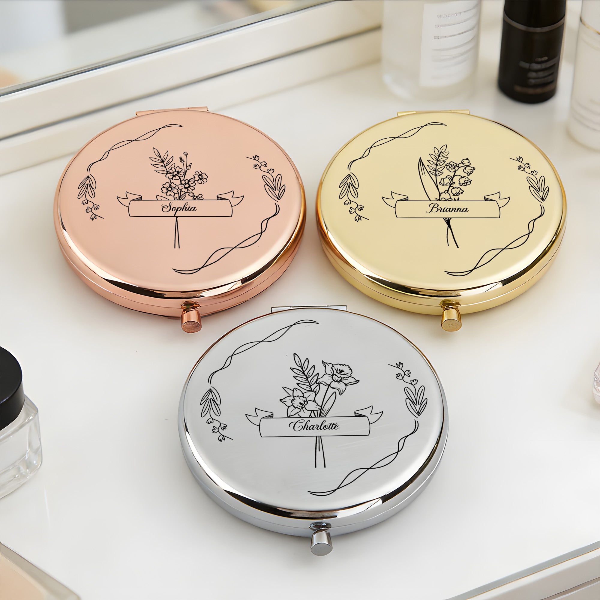 Personalizado Nacimiento Flor Bolsillo plegable portátil Espejo de maquillaje con nombre Día de la Madre Boda Cumpleaños Regalo para dama de honor Mujer