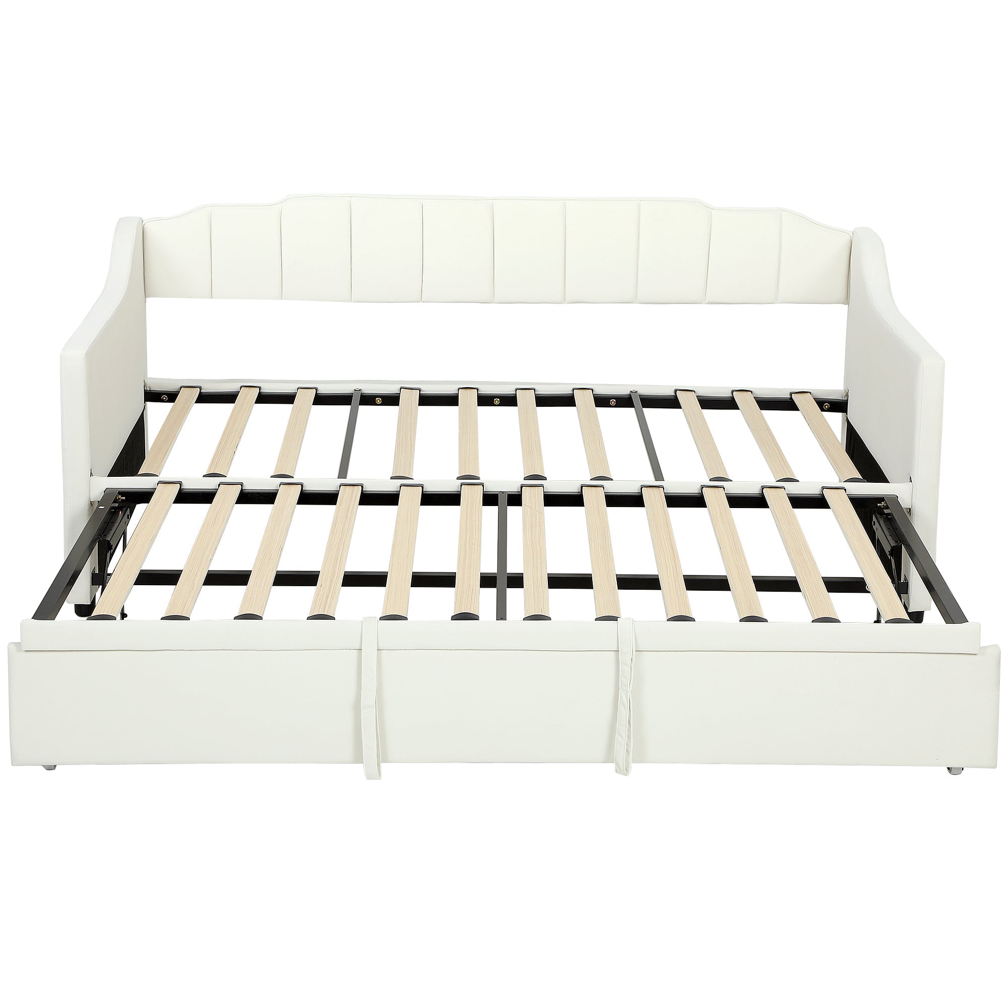 Upholstered Twin Daybed with Pop Up Trundle, Velvet Trundle Bed with Wood Slat Support, Cream White