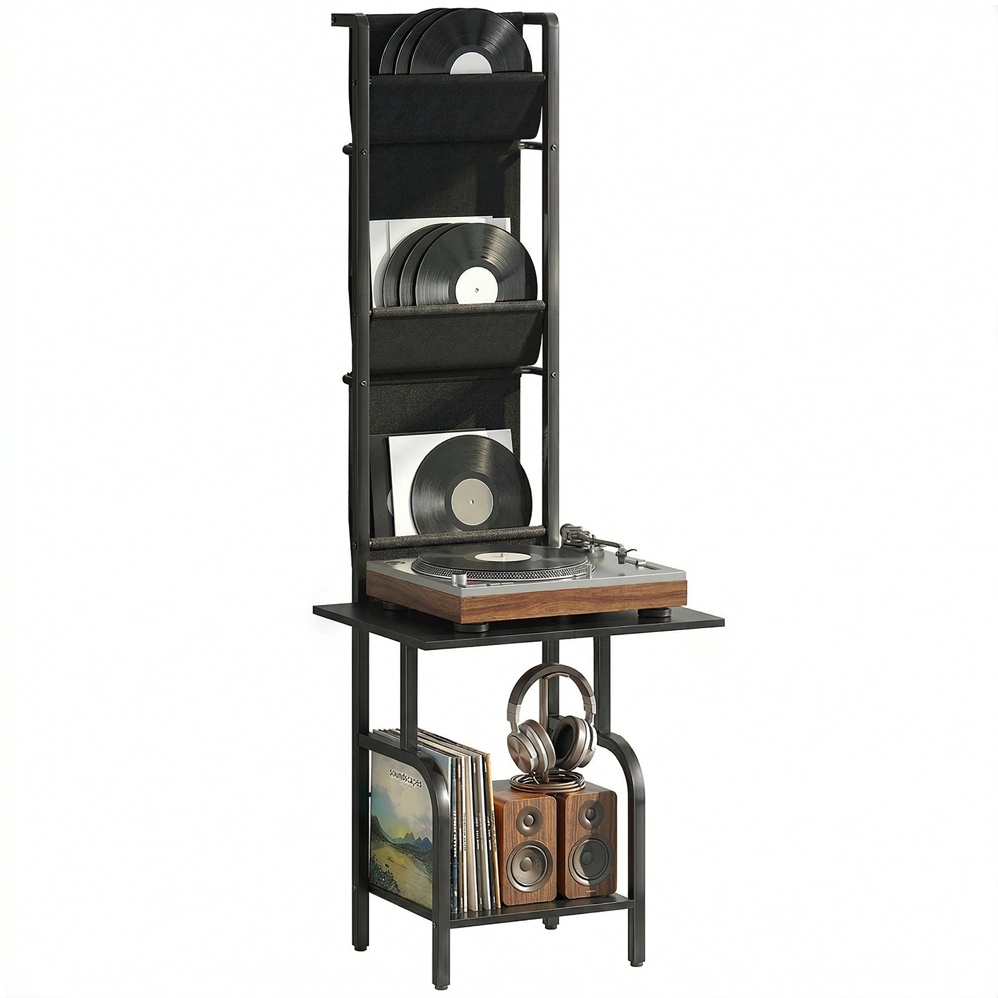 Turntable Stand with Record and CD Storage for Up to 40 CDs, Display Shelf Black
