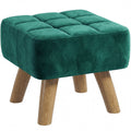 Tufted Fabric Footstool with Padded Seat and Rubber Wood Legs, Dark Green