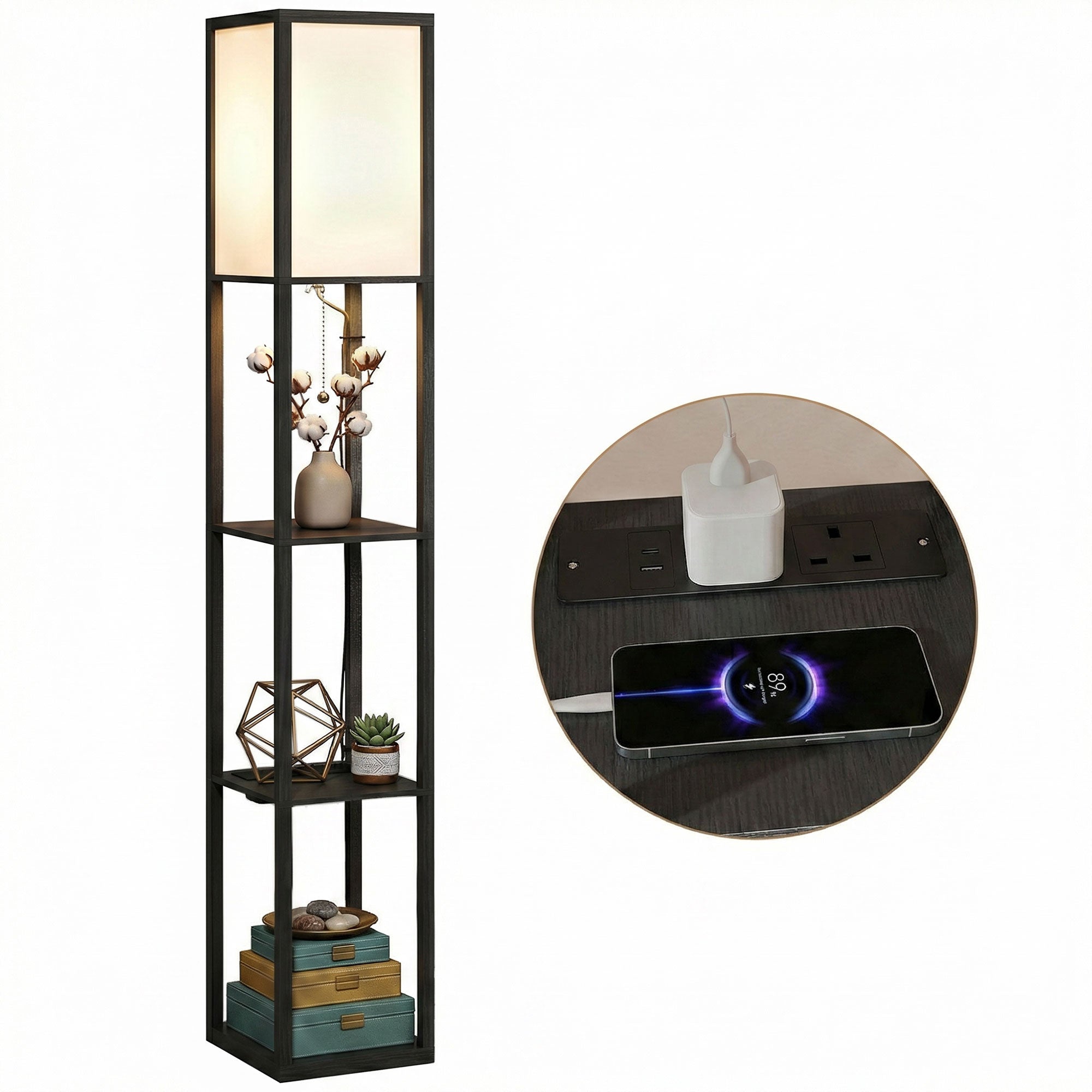 3-Tier Corner Floor Lamp with Shelves and Storage, LED Reading Light, Black