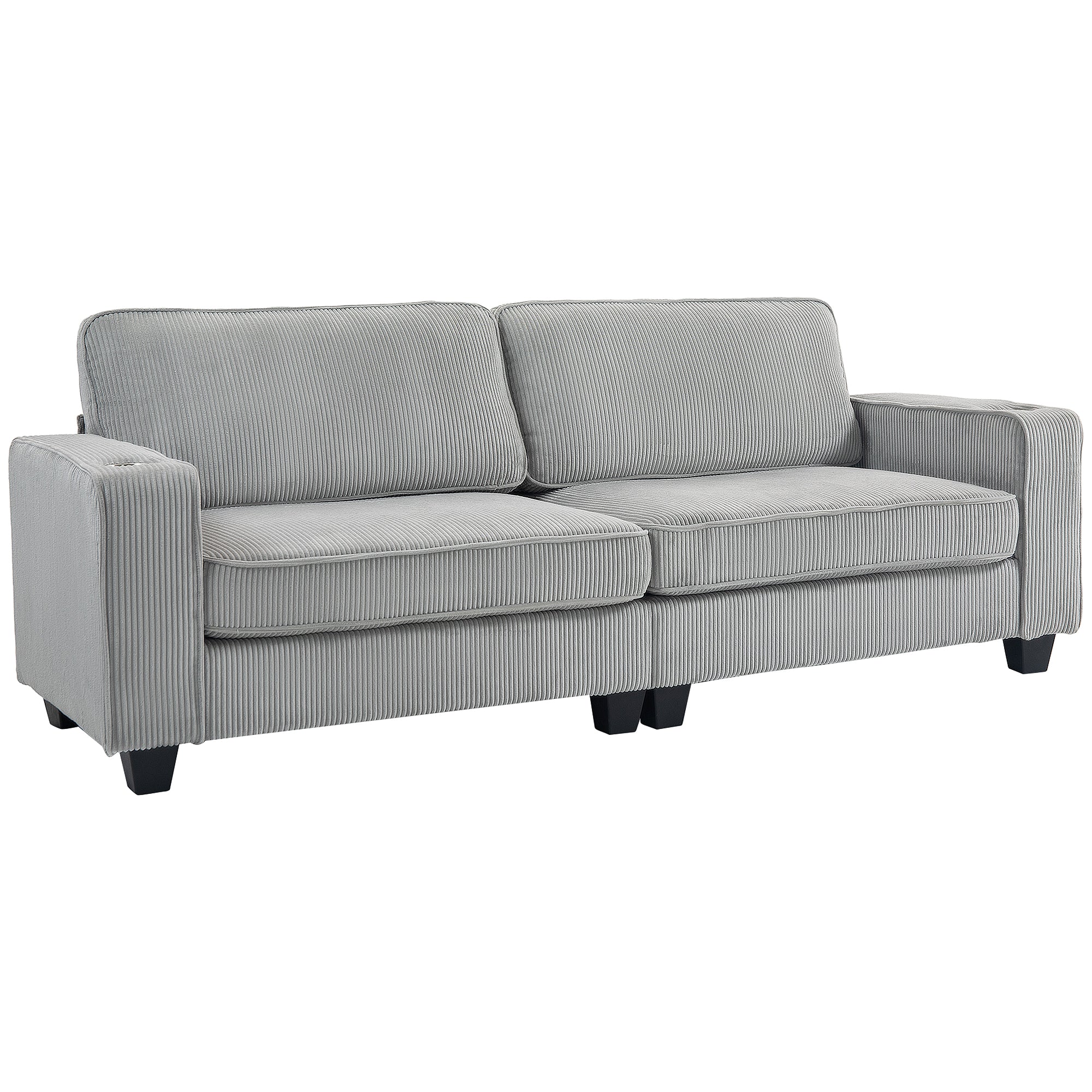 Modern 3-Seater 90" Corduroy Sofa with Spring Cushion & Cup Holders Light Grey