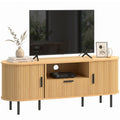 TV Stand for 60" TVs with Sliding Doors, Drawer & Open Shelf, Natural Wood
