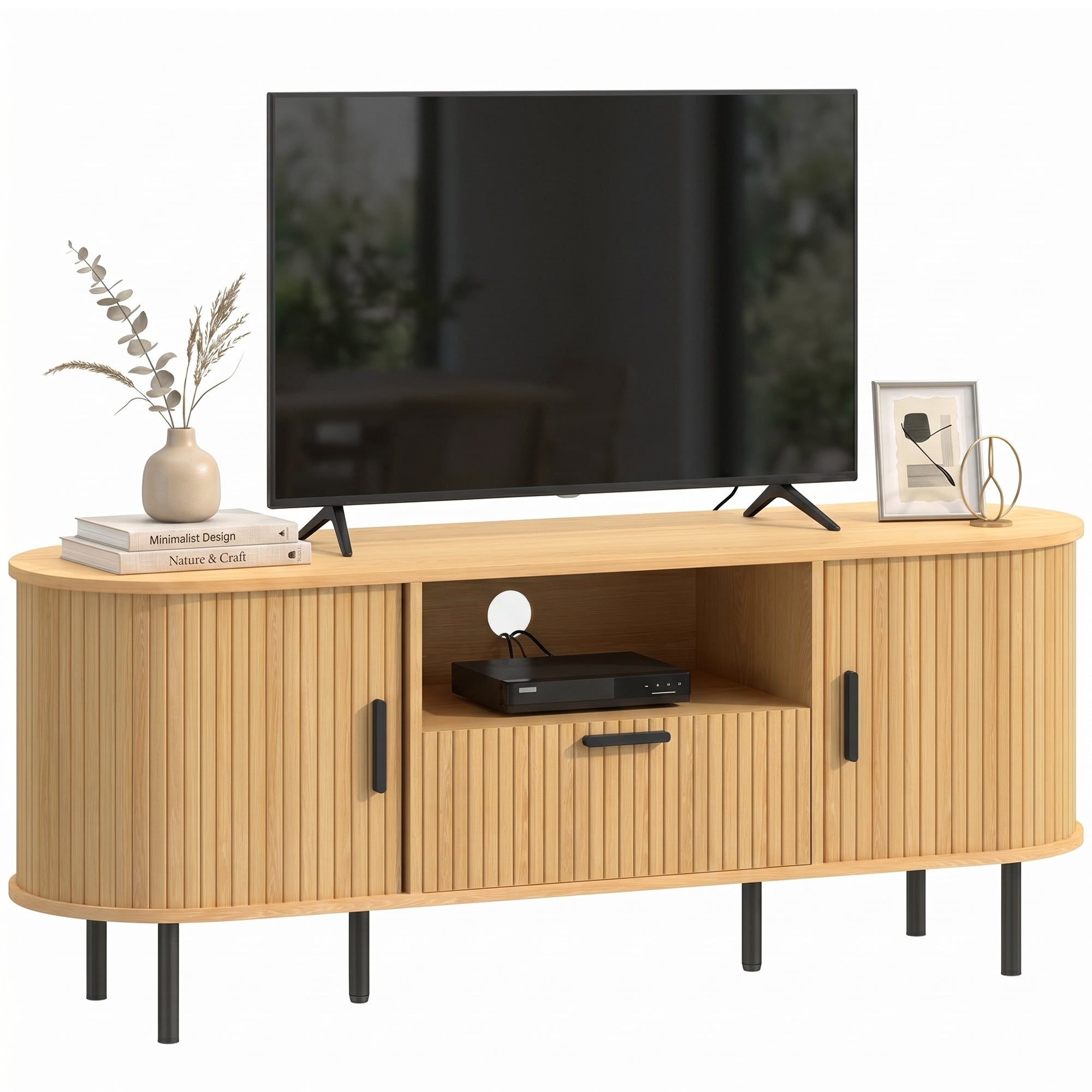 TV Stand for 60" TVs with Sliding Doors, Drawer & Open Shelf, Natural Wood
