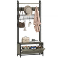 Coat Rack with Shoe Storage Bench and Grid Panel, Hall Tree, 5-In-1 Industrial Coat Rack Stand with Shoe Cabinet and 10 Hooks for Hallway, Entryway, Living Room, Grey