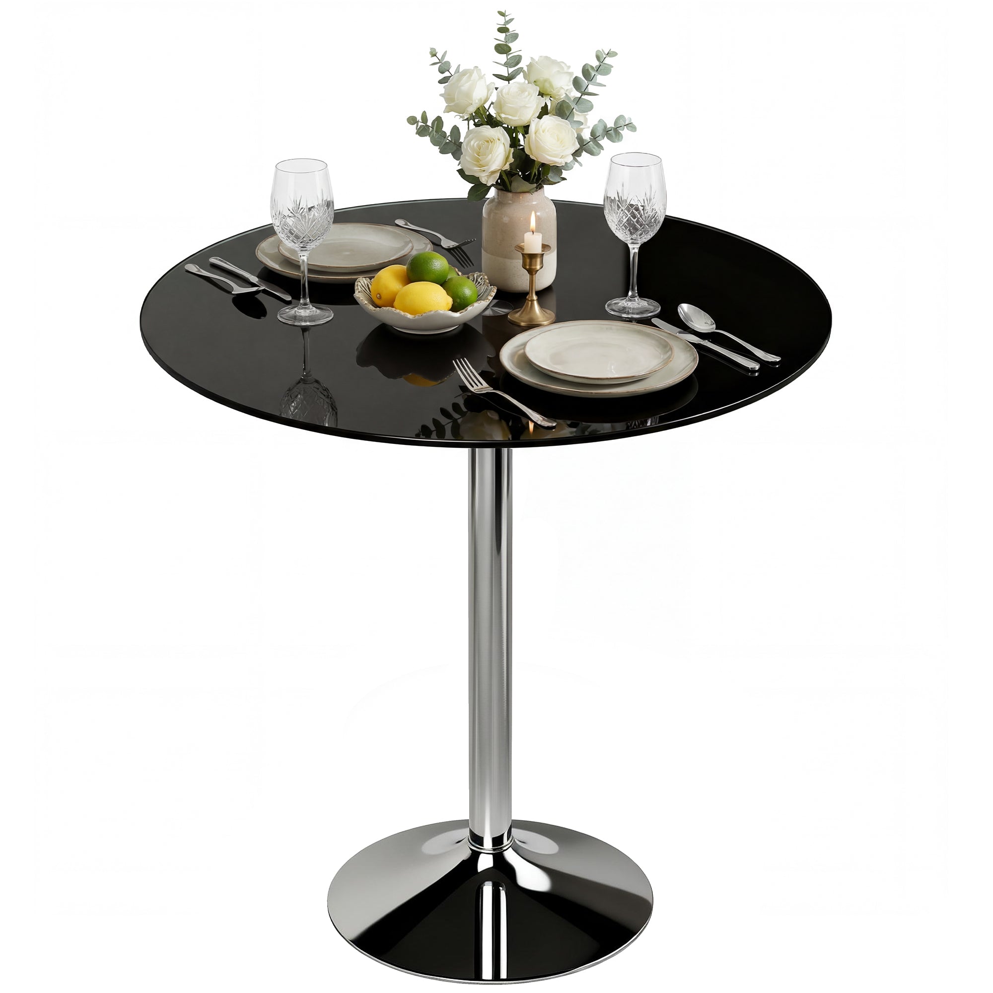 Round Dining Table 70 x 70 x 75.5cm Tempered Glass Top & Steel Frame, Black