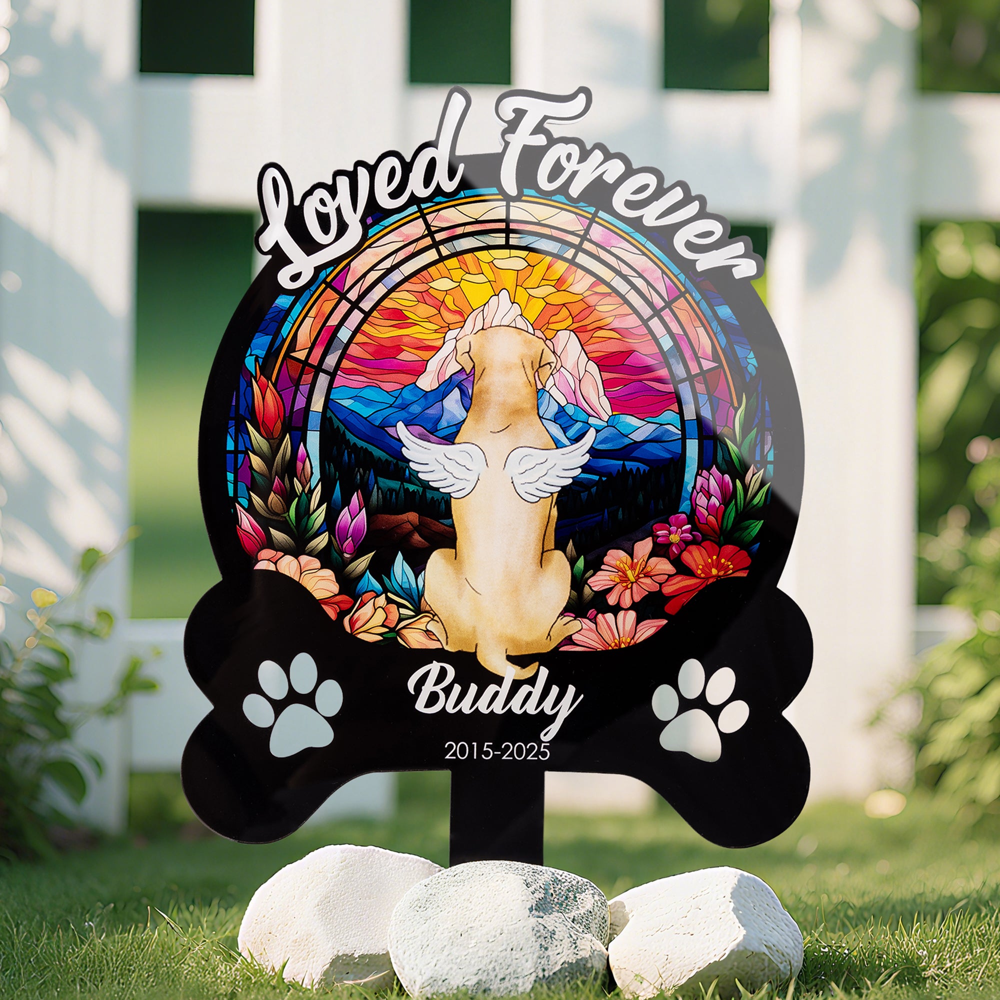 Personalizada de imitación de cristal manchado mascota silueta acrílico estaca de jardín con el nombre del título y el año aniversario cumpleaños regalo para los dueños de mascotas