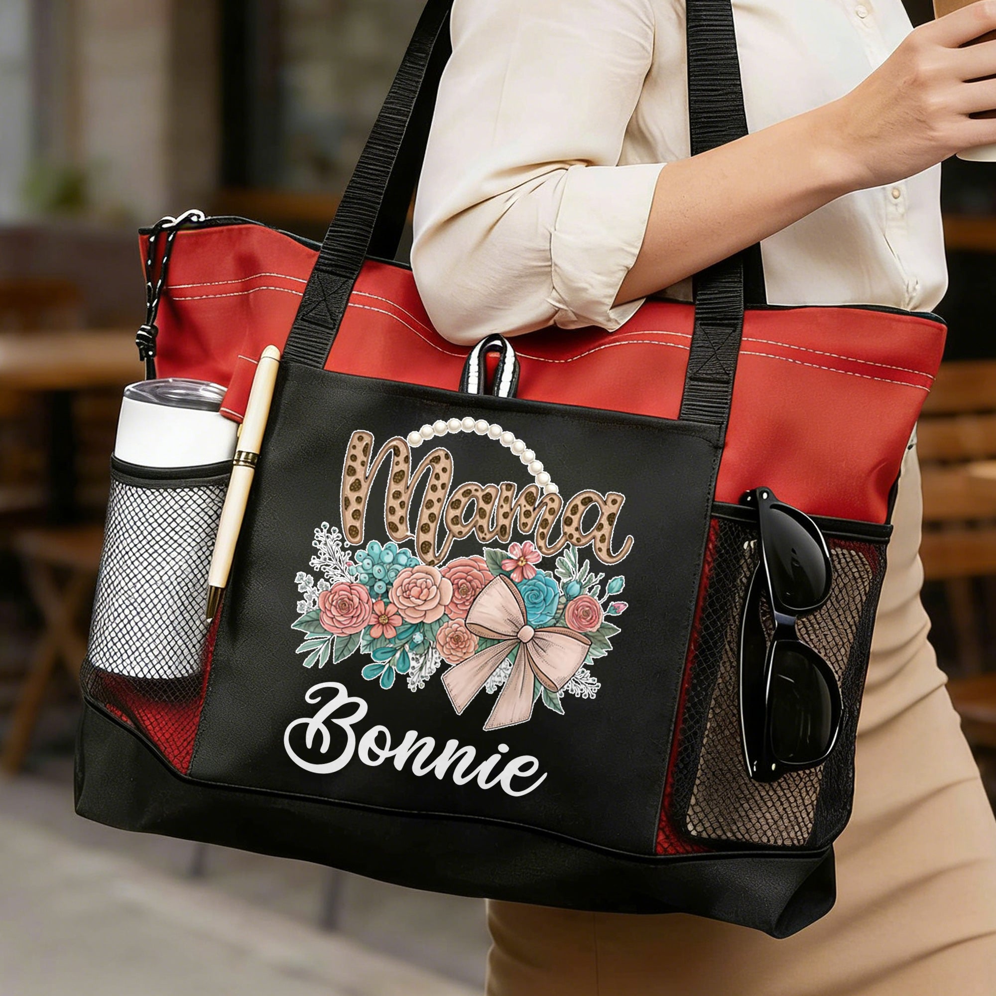Bolsa de asas Oxford grande personalizada con lazo y nombre Regalo de cumpleaños para el Día de la Madre para la abuela y la madre