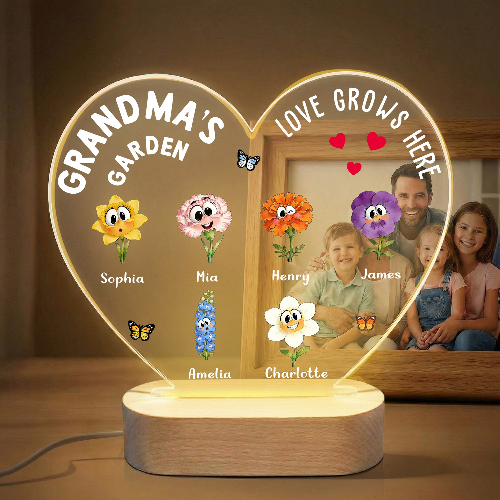 Personalizado 1-16 flores de nacimiento de dibujos animados en forma de corazón de acrílico LED luz de la noche con los nombres de título y base de madera Día de la Madre de regalo para mamá abuela