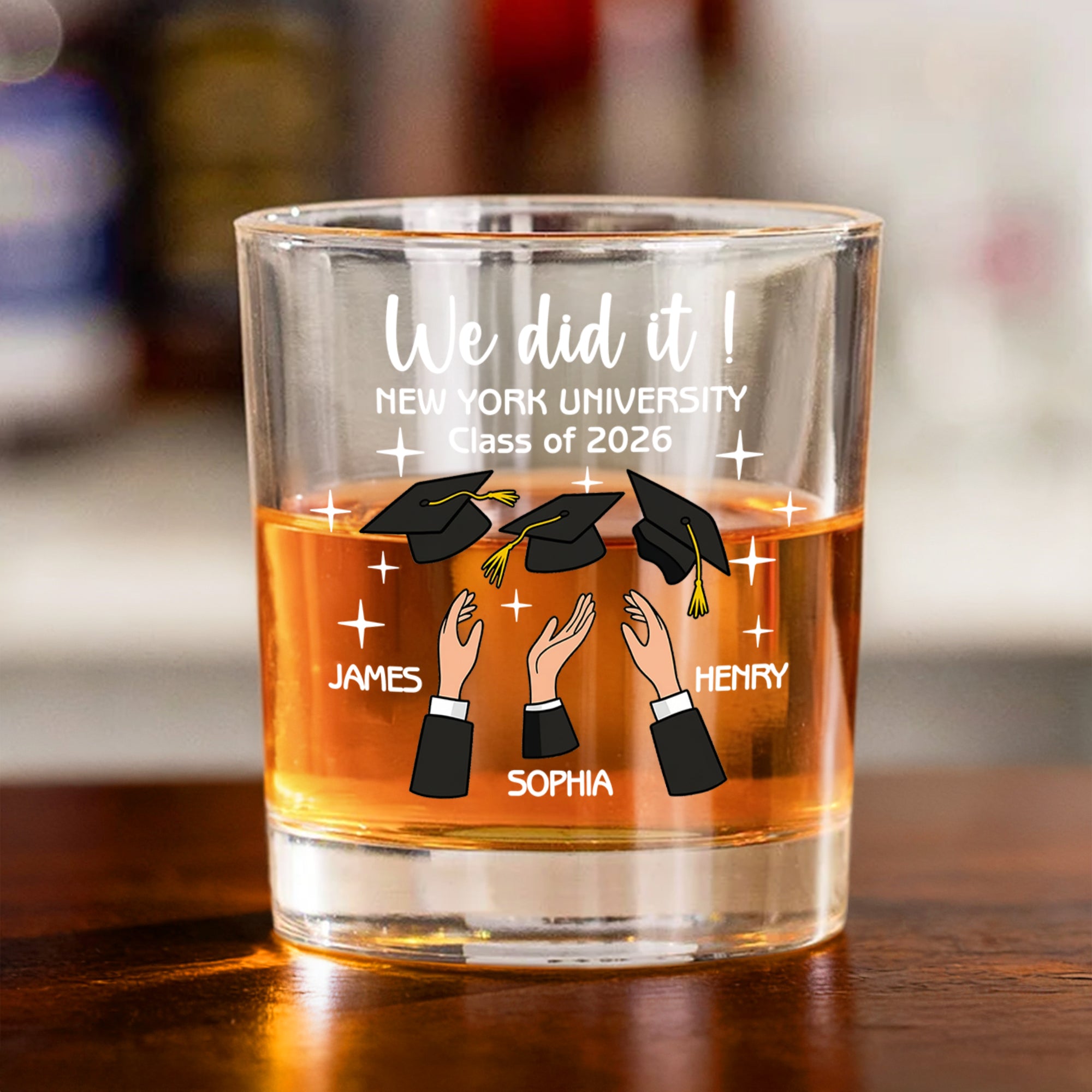 Gorro de Graduación Personalizado 10 oz Old Fashioned Rock Whiskey Glass con Nombre Regalo de Graduación para Graduados