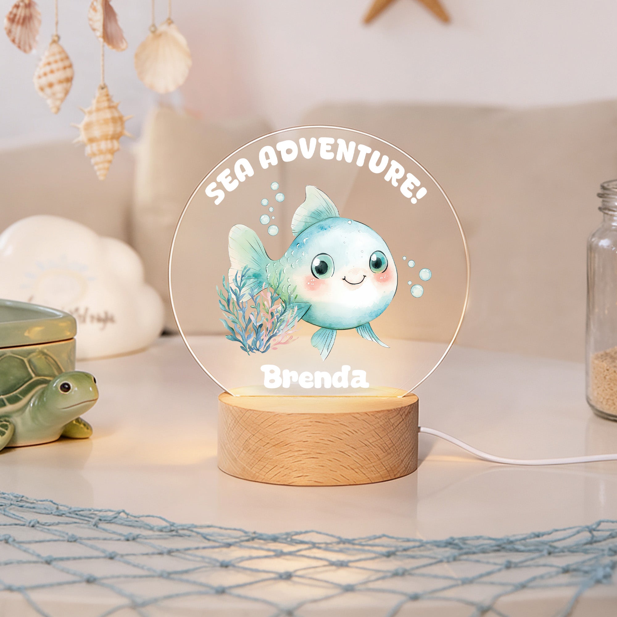 Tarta de Animales Marinos Personalizada Luz de Noche LED Acrílica con Nombre y Base de Madera Decoración de Guardería Regalo de Cumpleaños para Niños