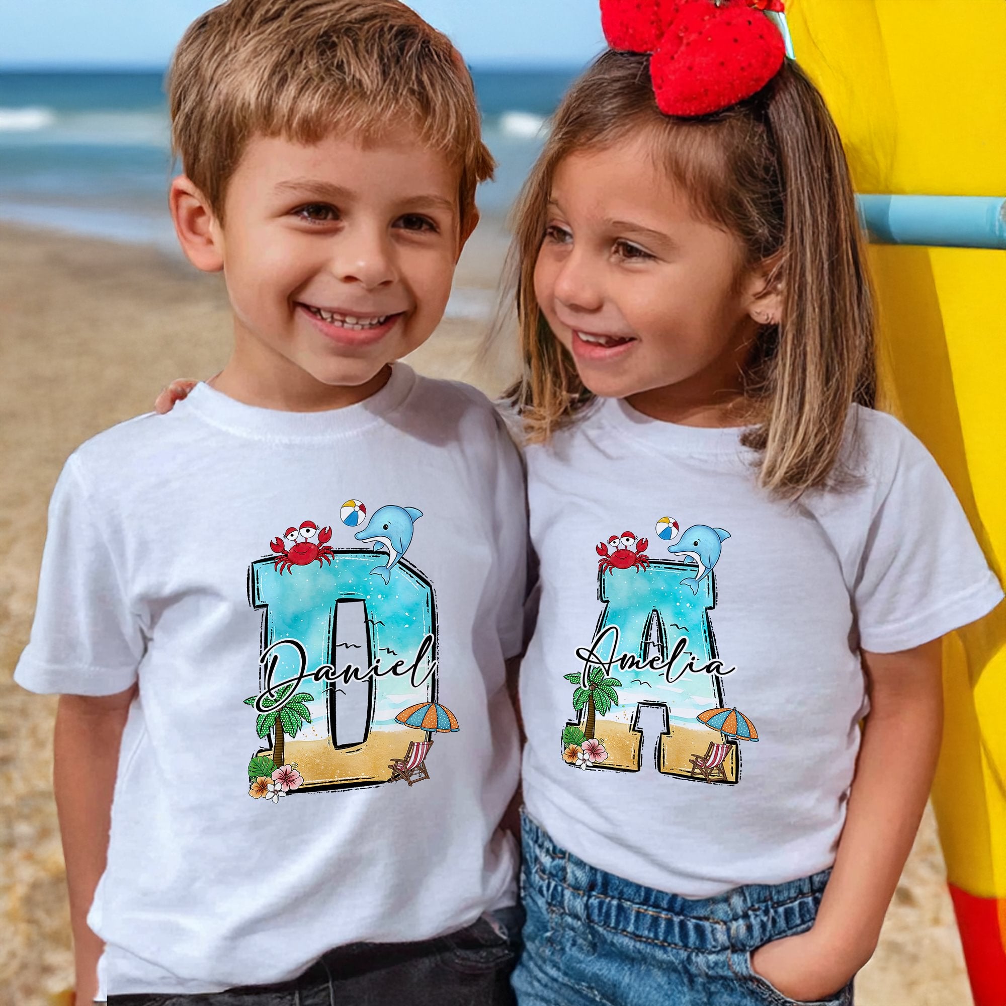 Personalizado Multicolor Verano Inicial 100% Algodón Niños Camiseta con Nombre Vacaciones en la Playa Aniversario Cumpleaños Regalo para Niños Niñas