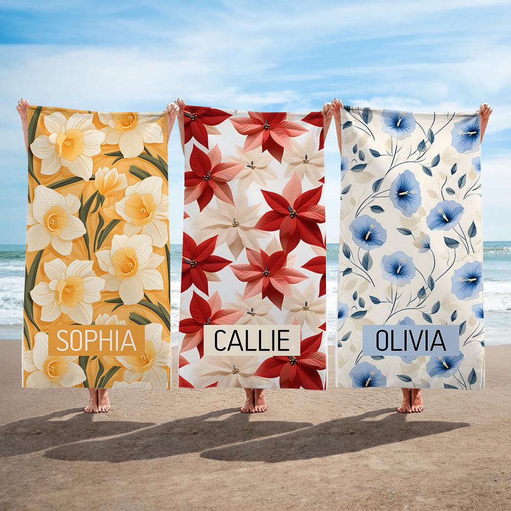 Toalla de playa de microfibra de secado rápido con nombre Personalizada Flor de Nacimiento Esenciales de Viaje de Verano Regalo de Cumpleaños para Amigos de la Familia