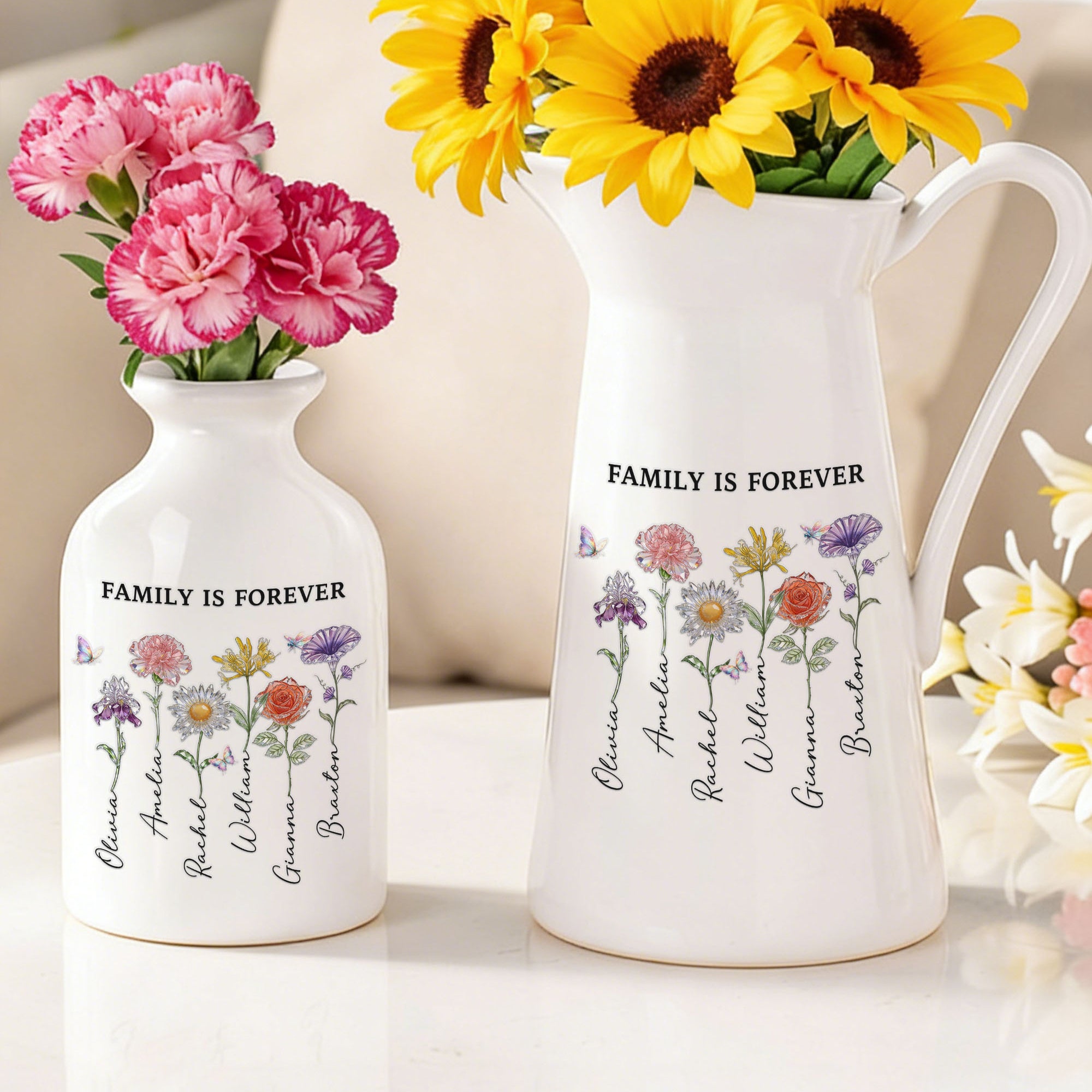 Florero de Cerámica Personalizado de Imitación de Cristal Estilo Flor de Nacimiento con 1-8 Nombres y Texto Decoración del Hogar Día de la Madre Regalo de Cumpleaños para Mujer