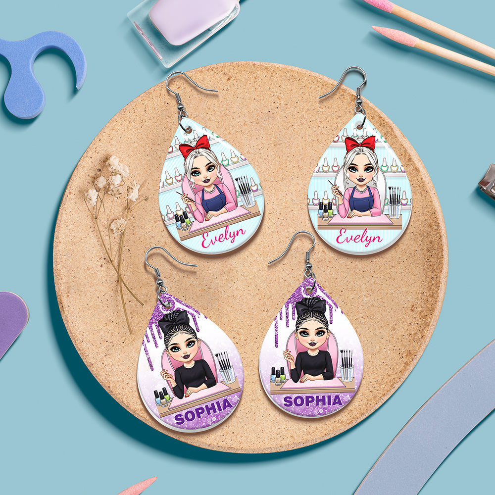 Pendientes de acrílico personalizados con forma de lágrima de personaje de manicura de dibujos animados con nombre Gracias Aniversario Cumpleaños Regalo para técnicos de uñas