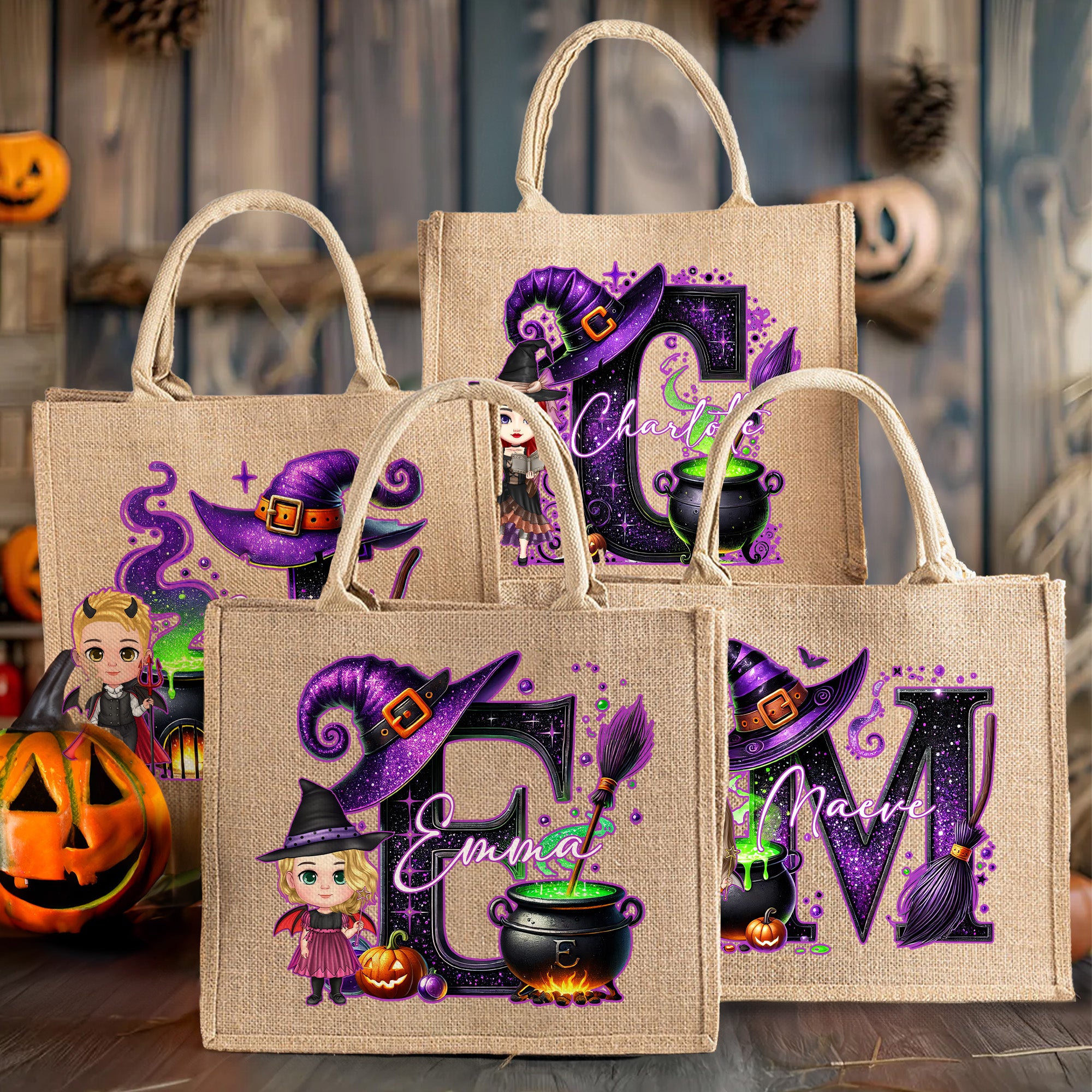 Personalizada Halloween Sombrero de Bruja Inicial Caricatura Personaje Grande Bolsa de Yute con Nombre Viaje Halloween Viaje Cumpleaños Regalo para Mujeres Niños