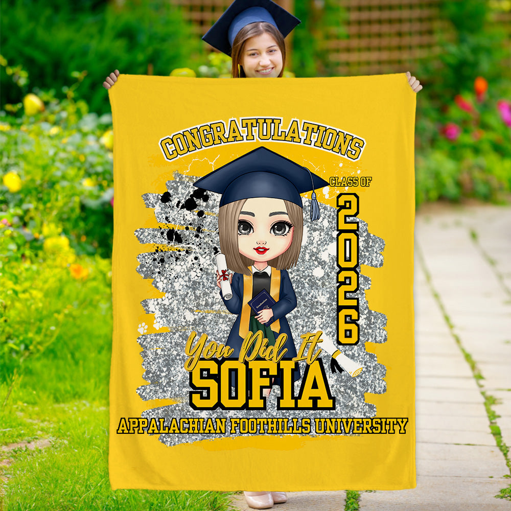 Felicidades personalizadas You Did It Cartoon Character Sequin Soft Throw Blanket with Name and School Graduation Birthday Gift for Graduates