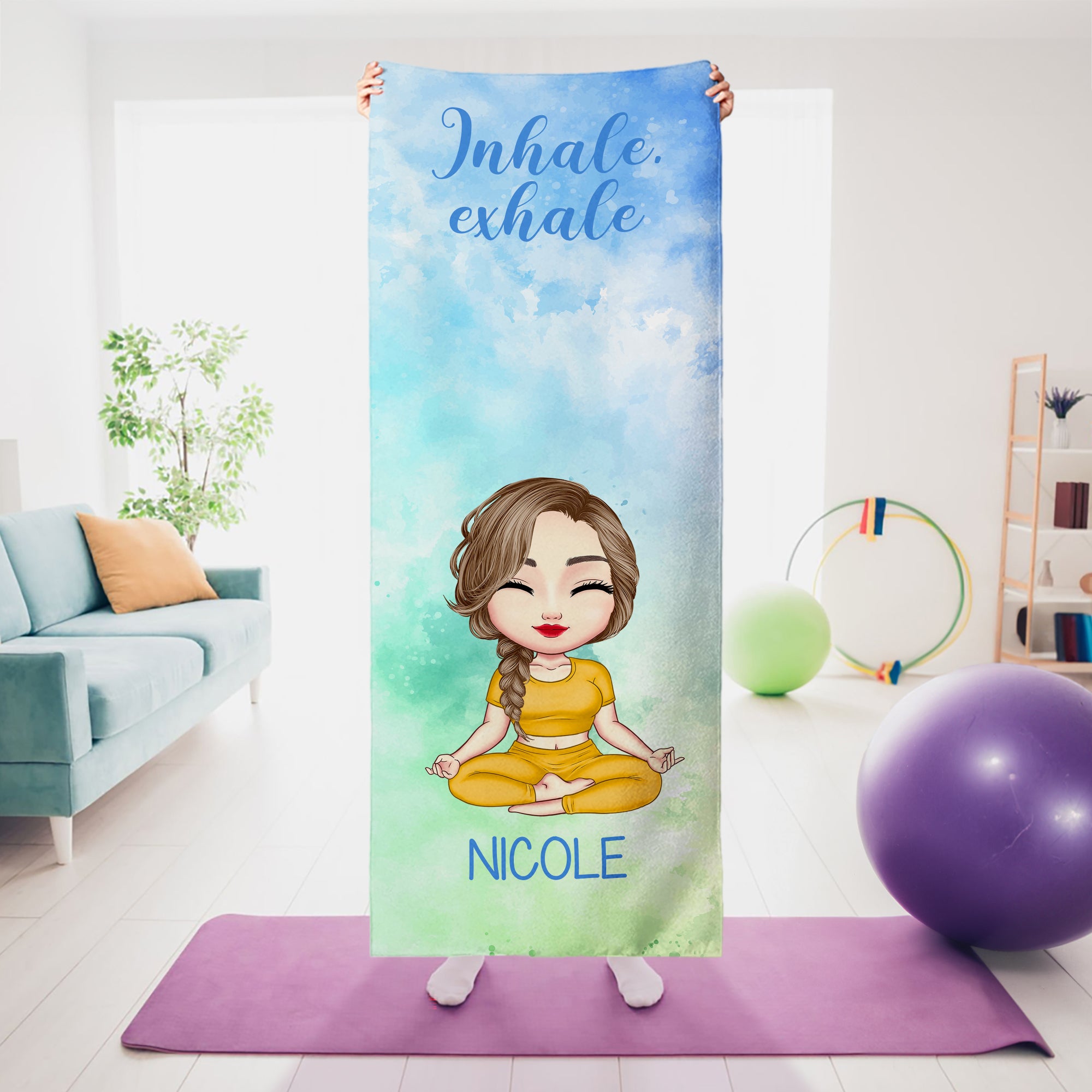 Toalla de yoga superabsorbente personalizada con nombre en estilo acuarela y personaje de dibujos animados Accesorios deportivos Regalo de cumpleaños para mujeres amantes del yoga