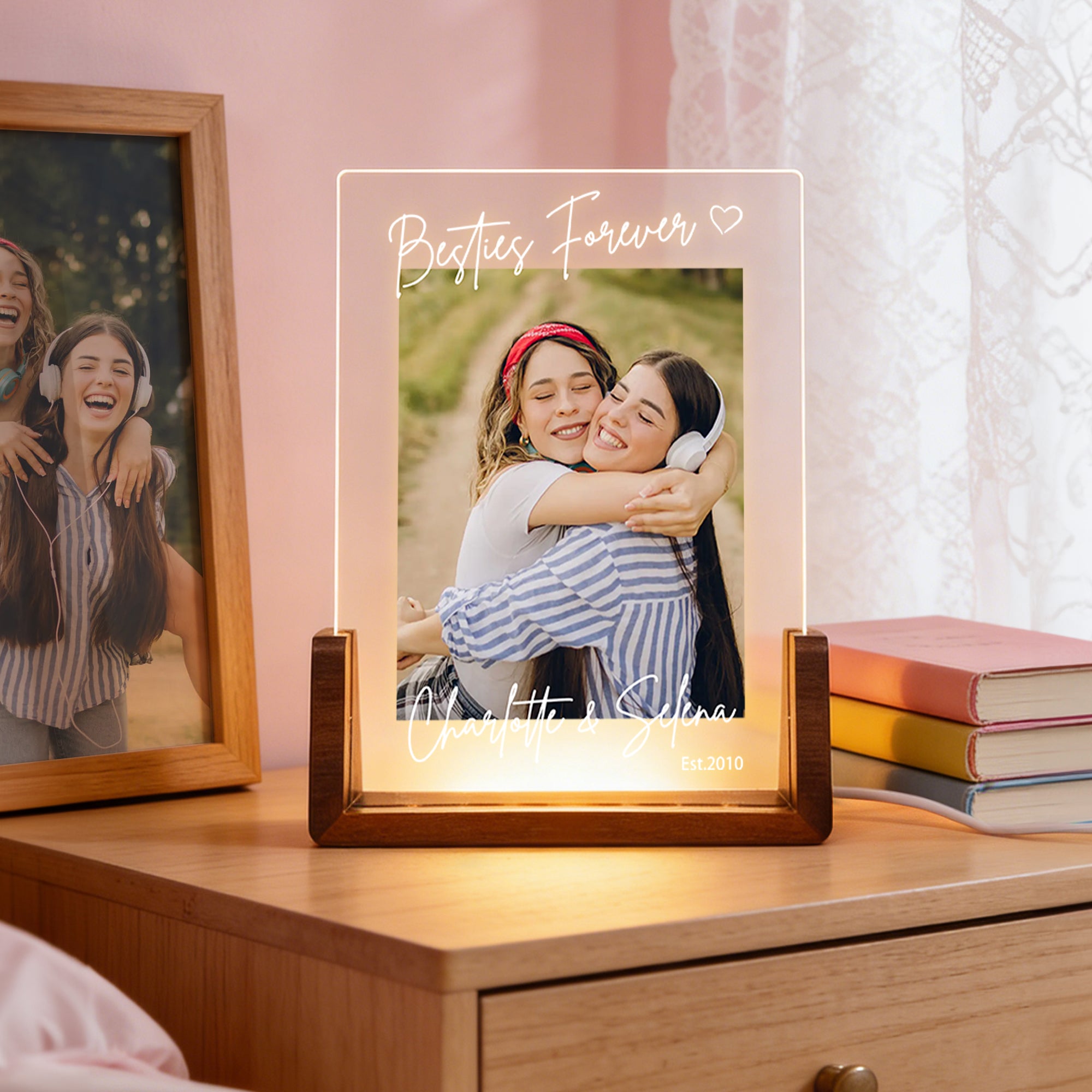 Foto Personalizada LED Acrílico Luz de Noche con Nombre Año y Base de Madera Decoración del Hogar Cumpleaños San Valentín Regalo para el Mejor Amigo Pareja