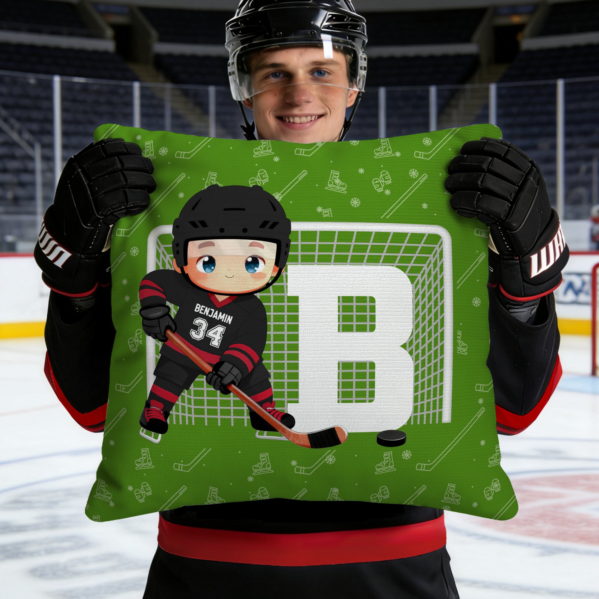 Personalizado multicolor de dibujos animados jugador de hockey sobre hielo suave almohada cubierta con el nombre y el número y la decoración del hogar inicial regalo de cumpleaños para los amantes del