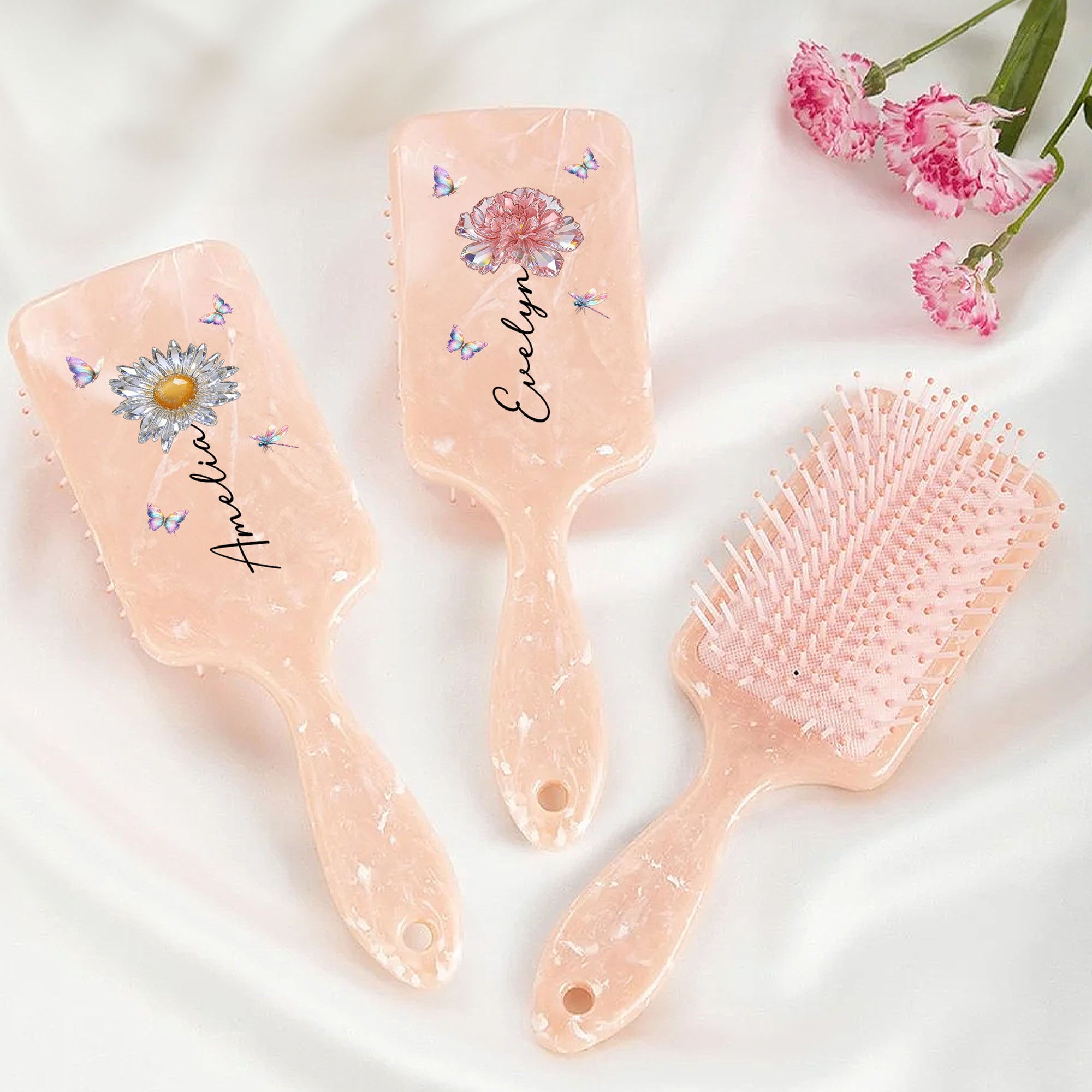 Cepillo para el pelo Personalizado Flor de Cristal de Nacimiento Peine de Masaje Antiestático con Nombre y Cinta Herramienta de Maquillaje de Uso Diario Regalo de Cumpleaños para Mujeres Niñas