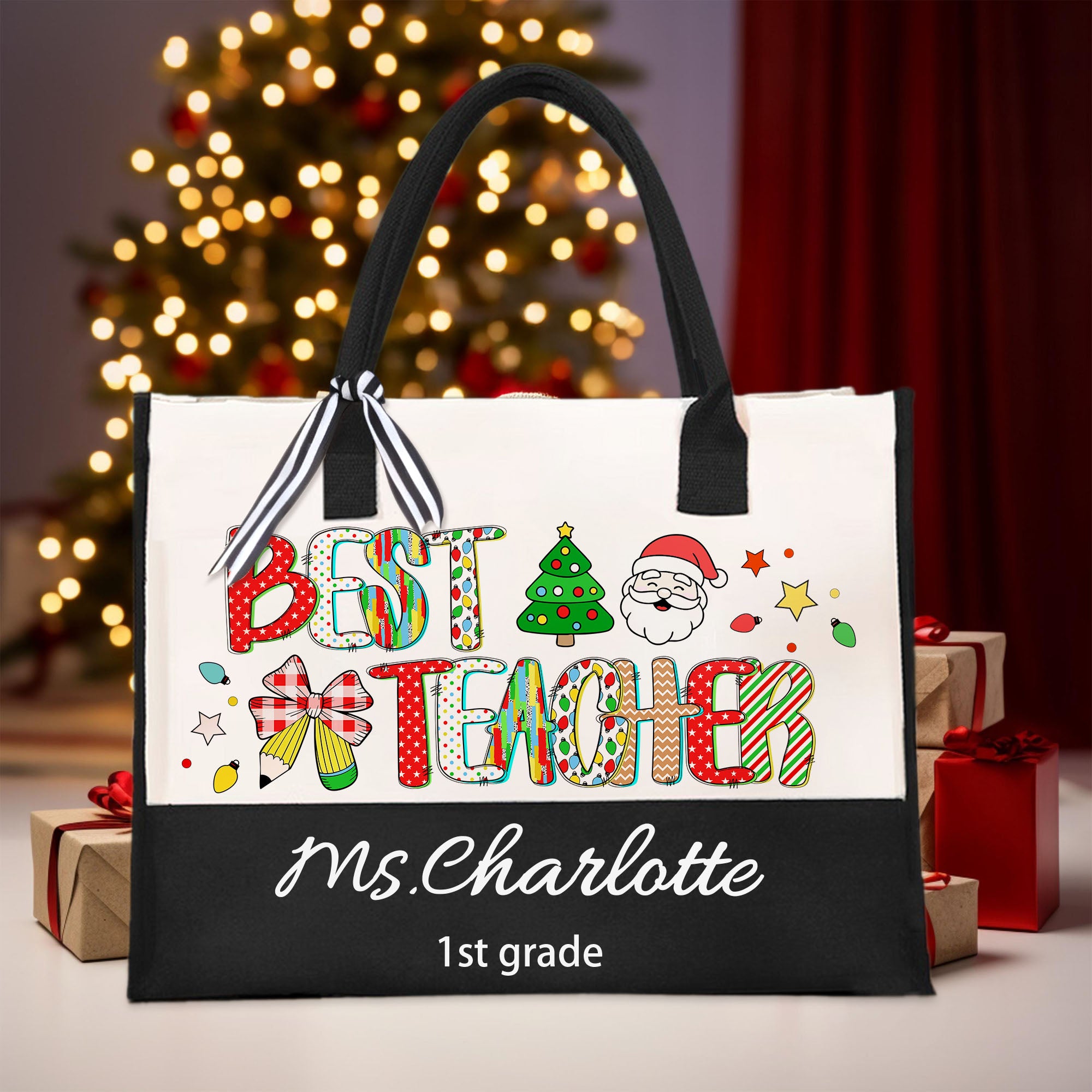 Personalizada Best Teacher Cute Christmas Carta grande de algodón y lino Bolsa de asas con nombre y texto Regalo de Navidad para el profesor