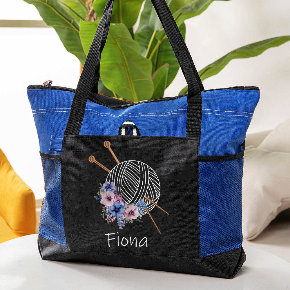 Personalizada Nacimiento Flor Bola de hilo Bolsillos de malla Oxford Bolsa de asas con nombre y cremallera Accesorios de viaje Cumpleaños Vacaciones Regalo para los amantes de tejer