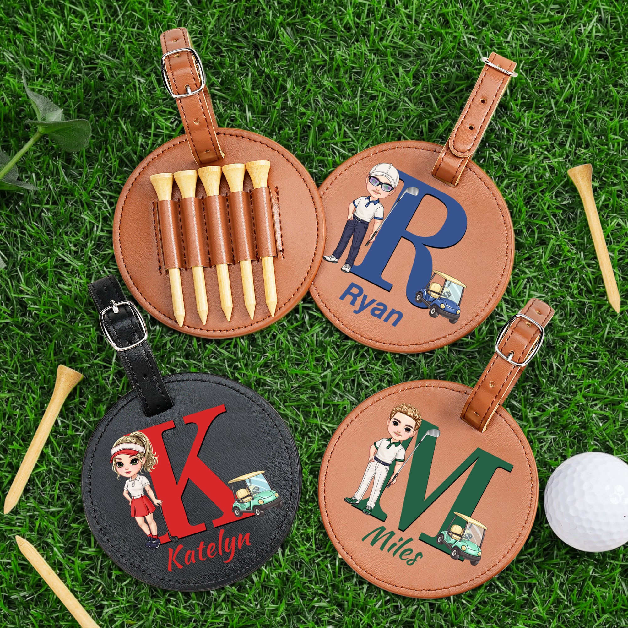 Personalizado Cartoon Personaje Ajustable PU Cuero Golf Tee Titular Bolsa Etiqueta con Nombre Deportes Cumpleaños Regalo para Golfistas Jugadores de Golf