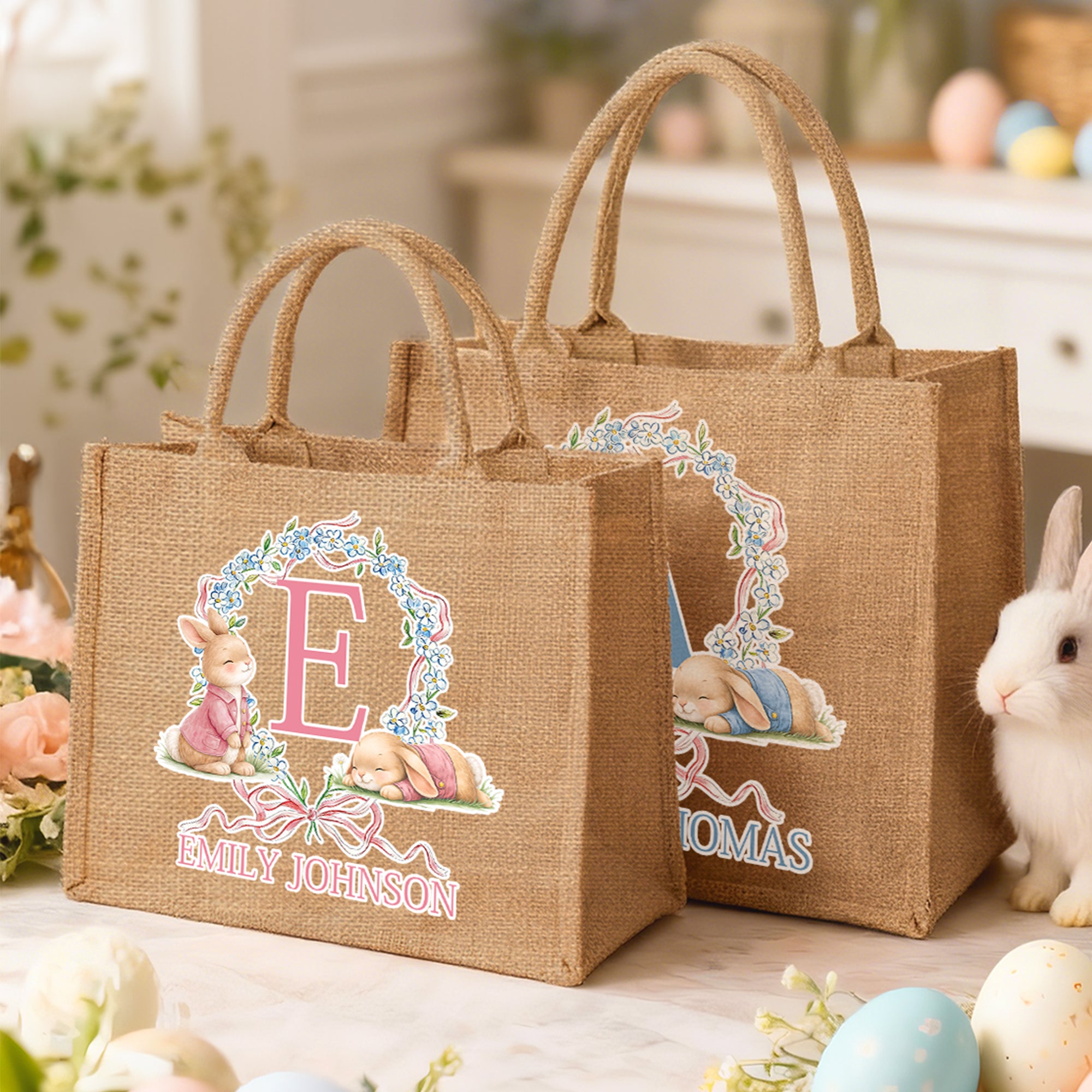 Conejito de Pascua Personalizado Huevo de Pascua Bolsa de Yute con Nombre Fiesta de Pascua Regalo para Niños Niñas