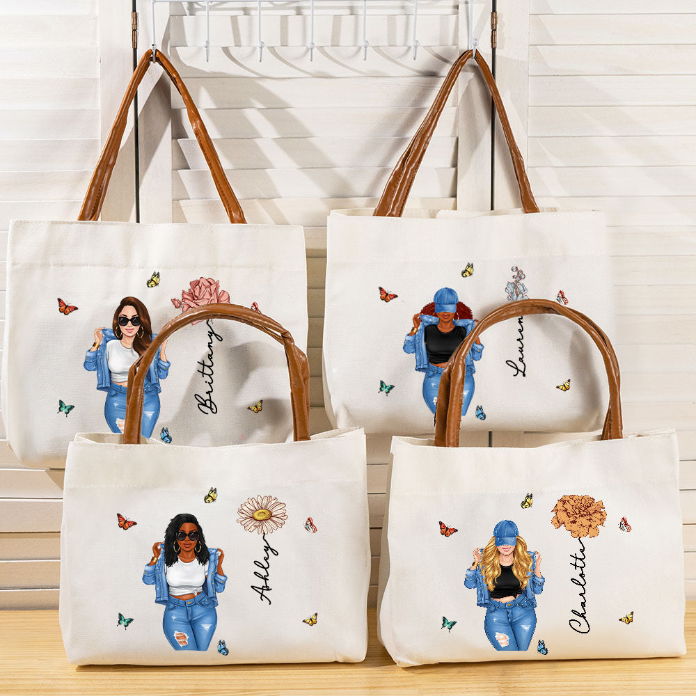 Personalizado de dibujos animados de moda Chica Nacimiento Flor Bolsa de lona con nombre y asa de cuero Accesorios de viaje Regalo de cumpleaños para las mujeres