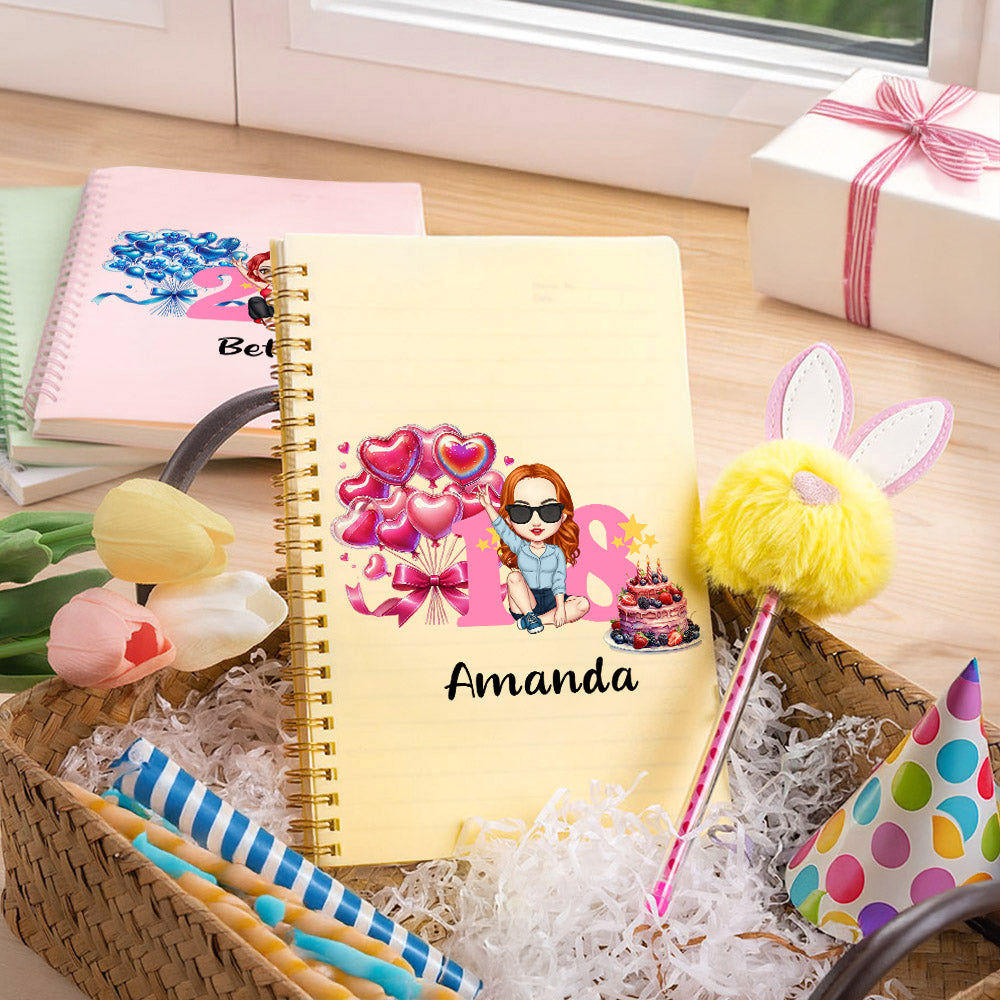Cuaderno de espiral A5 con páginas rayadas y set de bolígrafo Pom Pom con nombre y edad Regalo de cumpleaños para niñas y mujeres