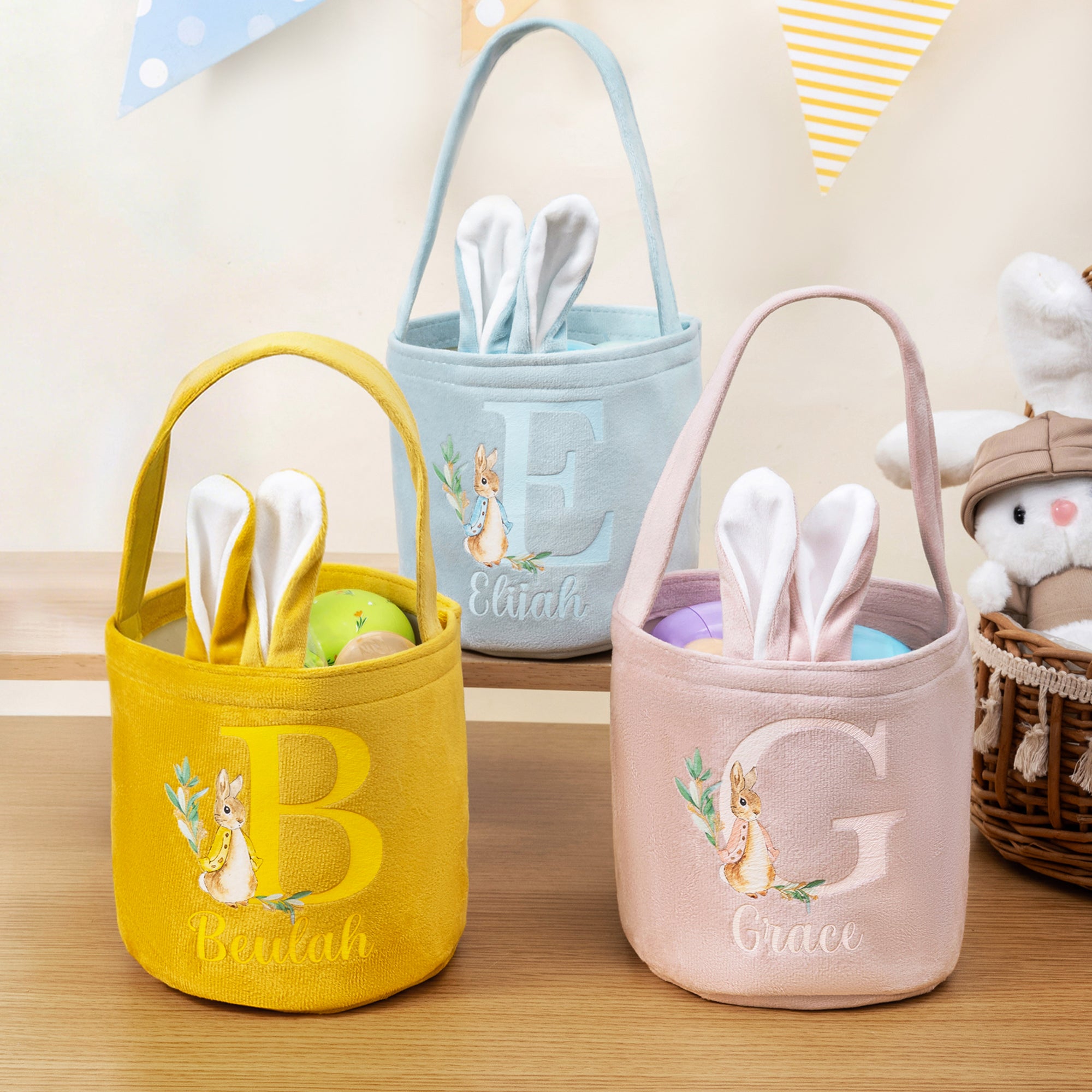 Cesta de Pascua con orejas de conejo personalizadas con nombre y cola Regalo de Pascua para niños