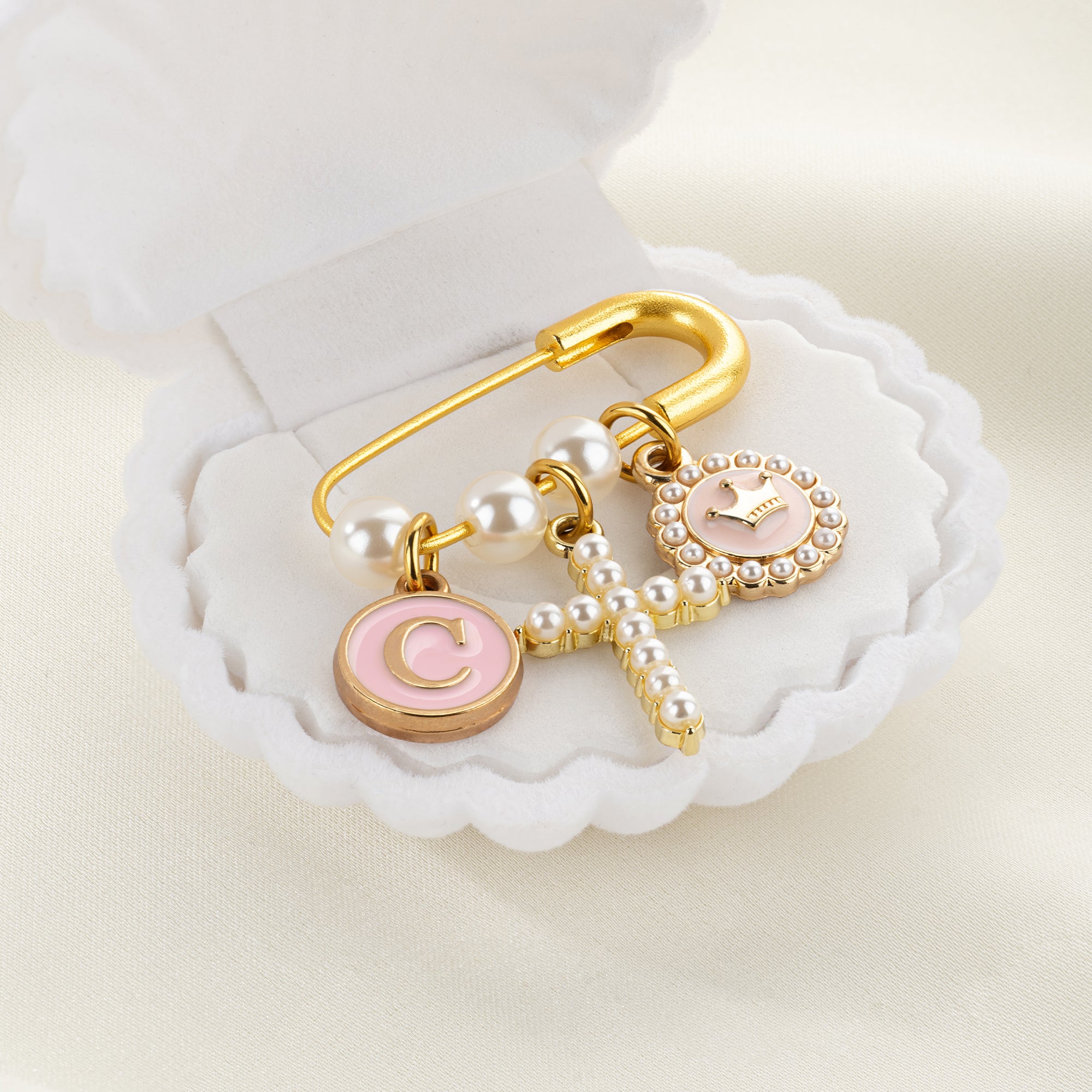 Broche de seguridad personalizado de perlas y cruz con inicial y colgante regalo de bautizo para niños y mujeres