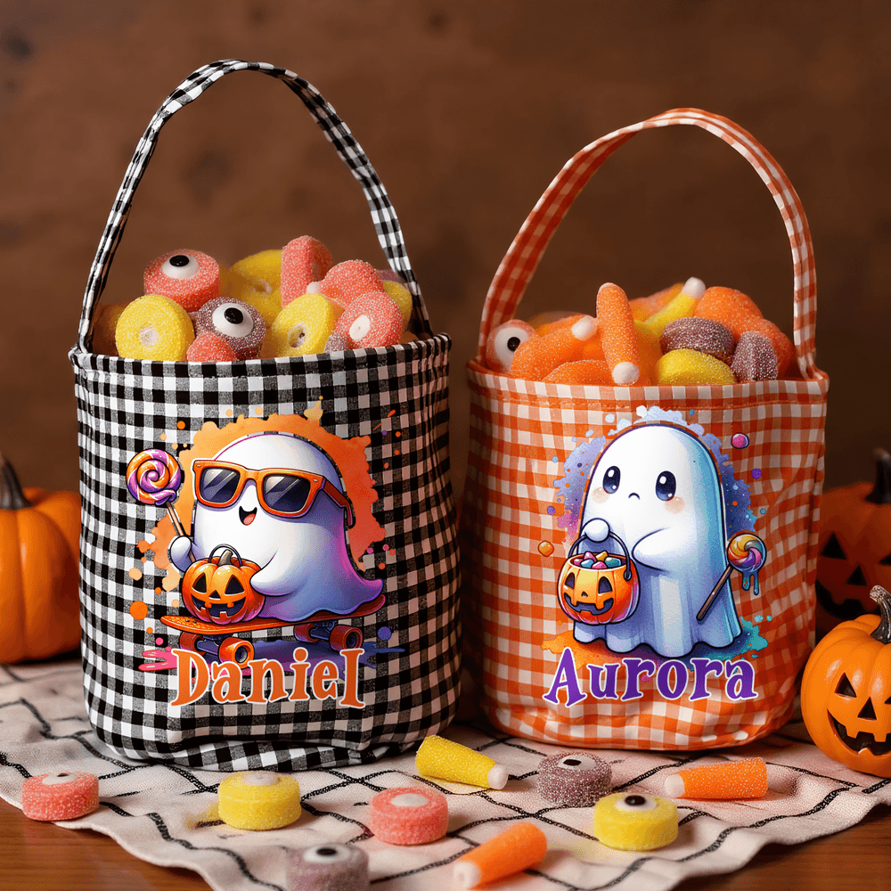 Personalizado lindo sombrero mágico calabaza fantasma a cuadros cubo de caramelos con el nombre de Halloween regalo de la fiesta para los niños