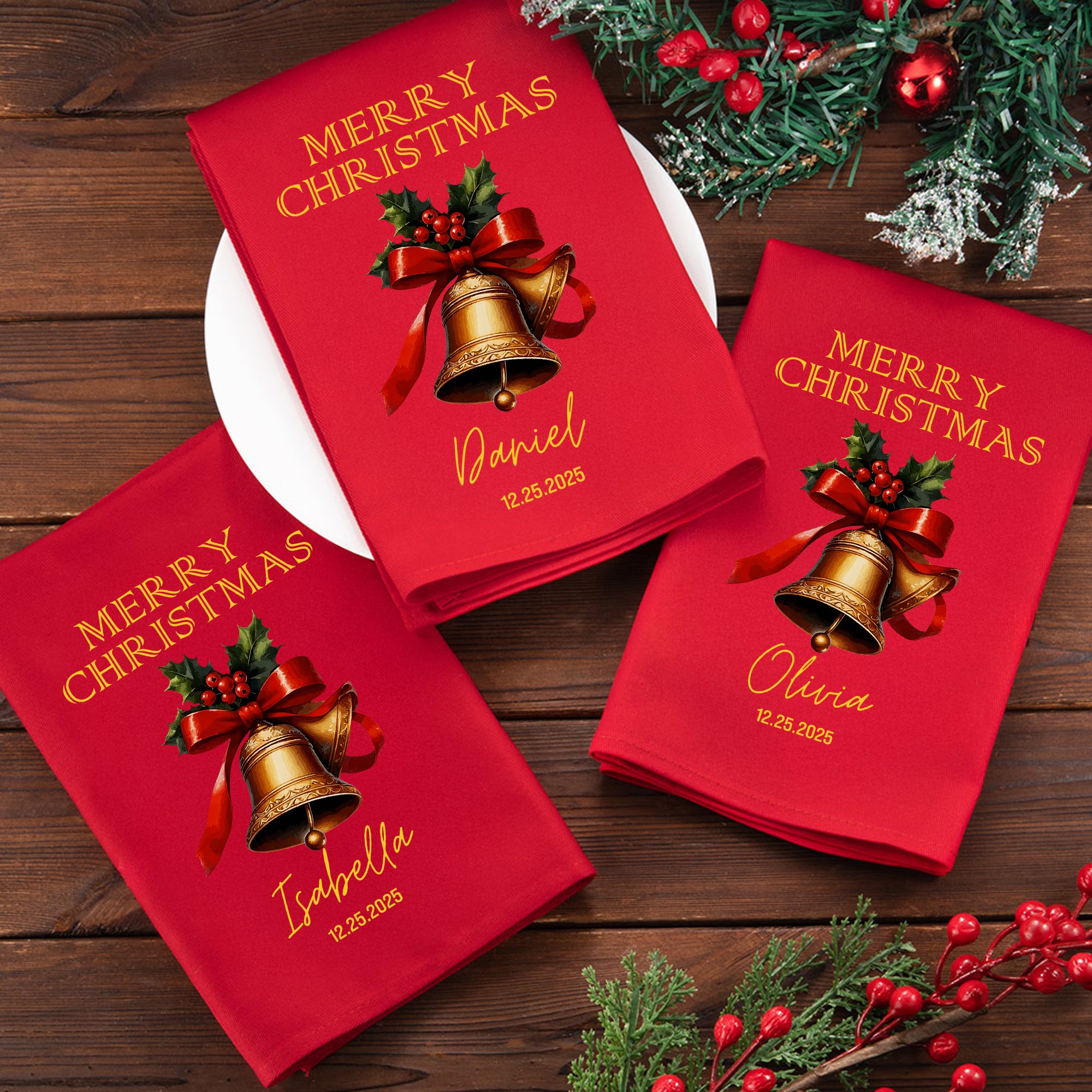 Personalizada Feliz Navidad Campana 100% Algodón Servilleta Roja de Navidad con Nombre y Fecha Decoración de Mesa Regalo de Navidad para Familia Amigos