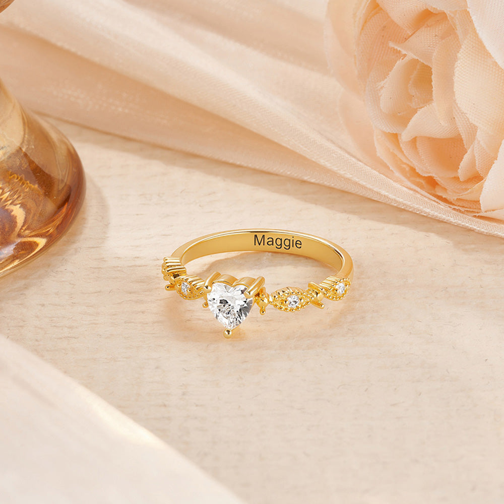 Personalizado Dainty Heart Birthstone Zircon Promise Ring con nombre grabado Cumpleaños Día de la Madre Regalo de boda para las mujeres