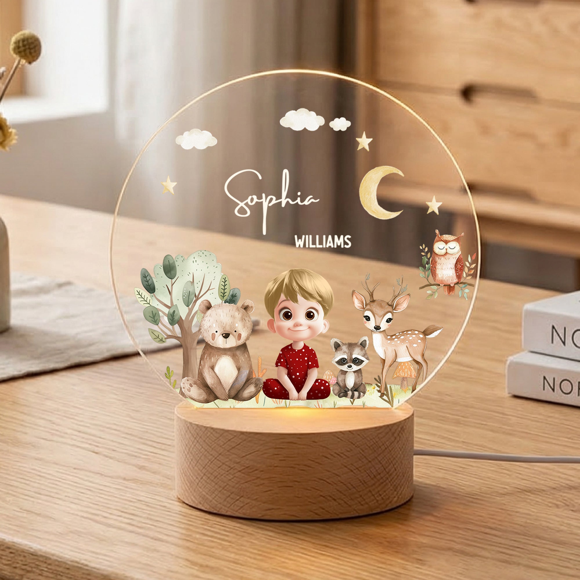 Lámpara de noche de acrílico con nombre y base de madera personalizada para niños con animales del bosque y personajes de dibujos animados Regalo del Día de la Madre para mamá y bebé