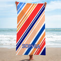 Toalla de playa de gran tamaño de secado rápido a rayas retro multicolor personalizada con nombre Vacaciones de verano Fiesta en la playa Regalo de cumpleaños para la familia Amigos