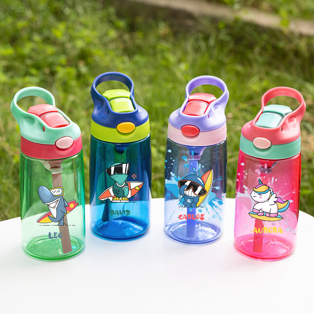 Botella personalizada de 475 ml con nombre estilo graffiti sin BPA con pajita regalo de cumpleaños o del inicio de la escuela para niños
