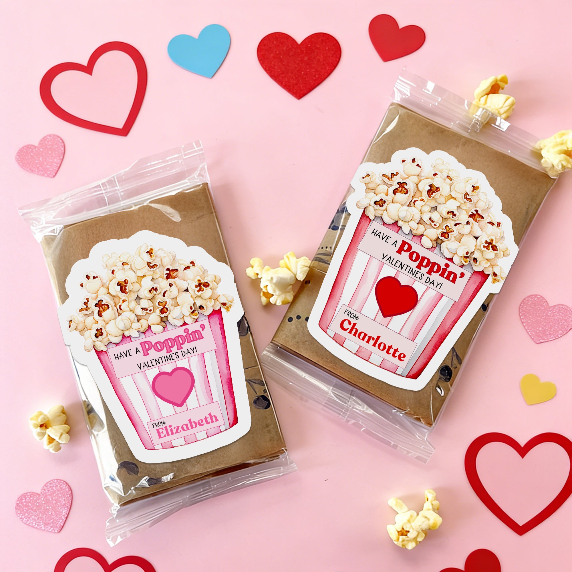 Personalizado Have A Poppin Día de San Valentín Palomitas de maíz Diseño Pegatinas impermeables con nombre Clase Intercambio Fiesta Regalos Día de San Valentín para Pareja Niño
