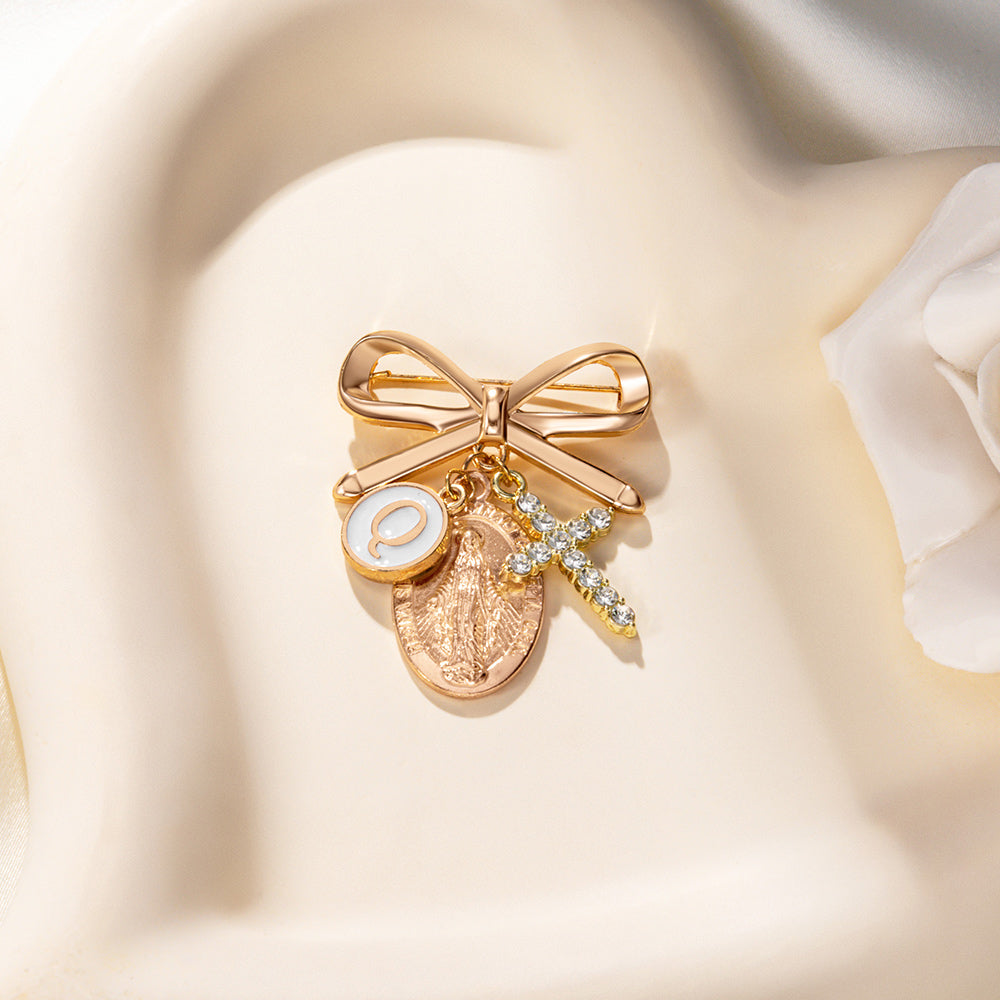 Alfiler Broche Cruz con Lazo Personalizado Virgen María con Inicial Regalo de Bautizo Cristiano para Mujeres Cristianas