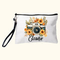 Flores de acuarela personalizadas Cámara retro Nombre Bolsa de maquillaje con pulsera Regalo de cumpleaños para el fotógrafo aficionado a la fotografía