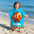 Toalla de playa con capucha para niños, de secado rápido, personalizada, multicolor, de animales marinos, con nombre, esencial de viaje, regalo de cumpleaños de vacaciones de verano para niños y niñas