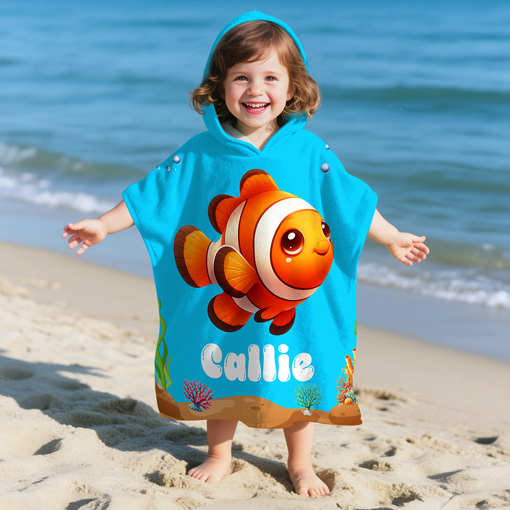 Toalla de playa con capucha para niños, de secado rápido, personalizada, multicolor, de animales marinos, con nombre, esencial de viaje, regalo de cumpleaños de vacaciones de verano para niños y niñas